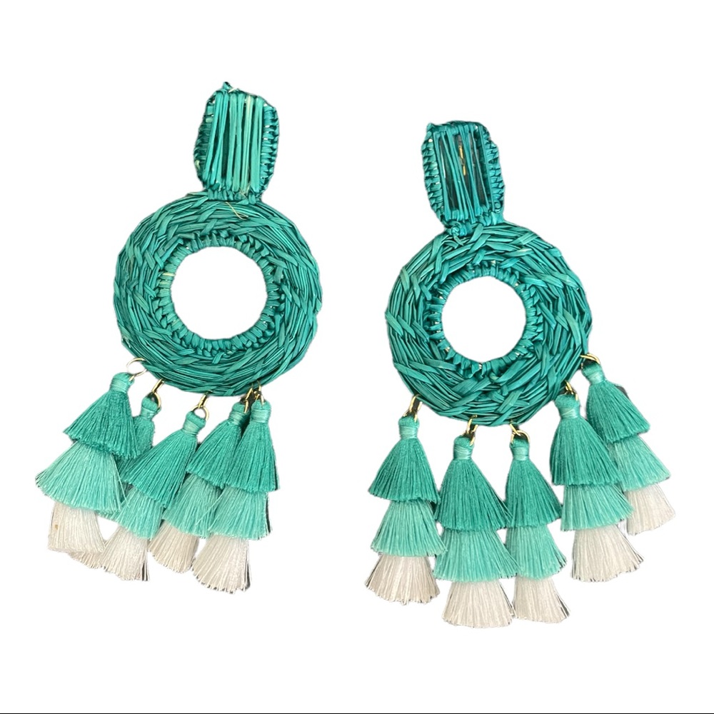 Tropical Dream Tassle Statement Earrings Teal